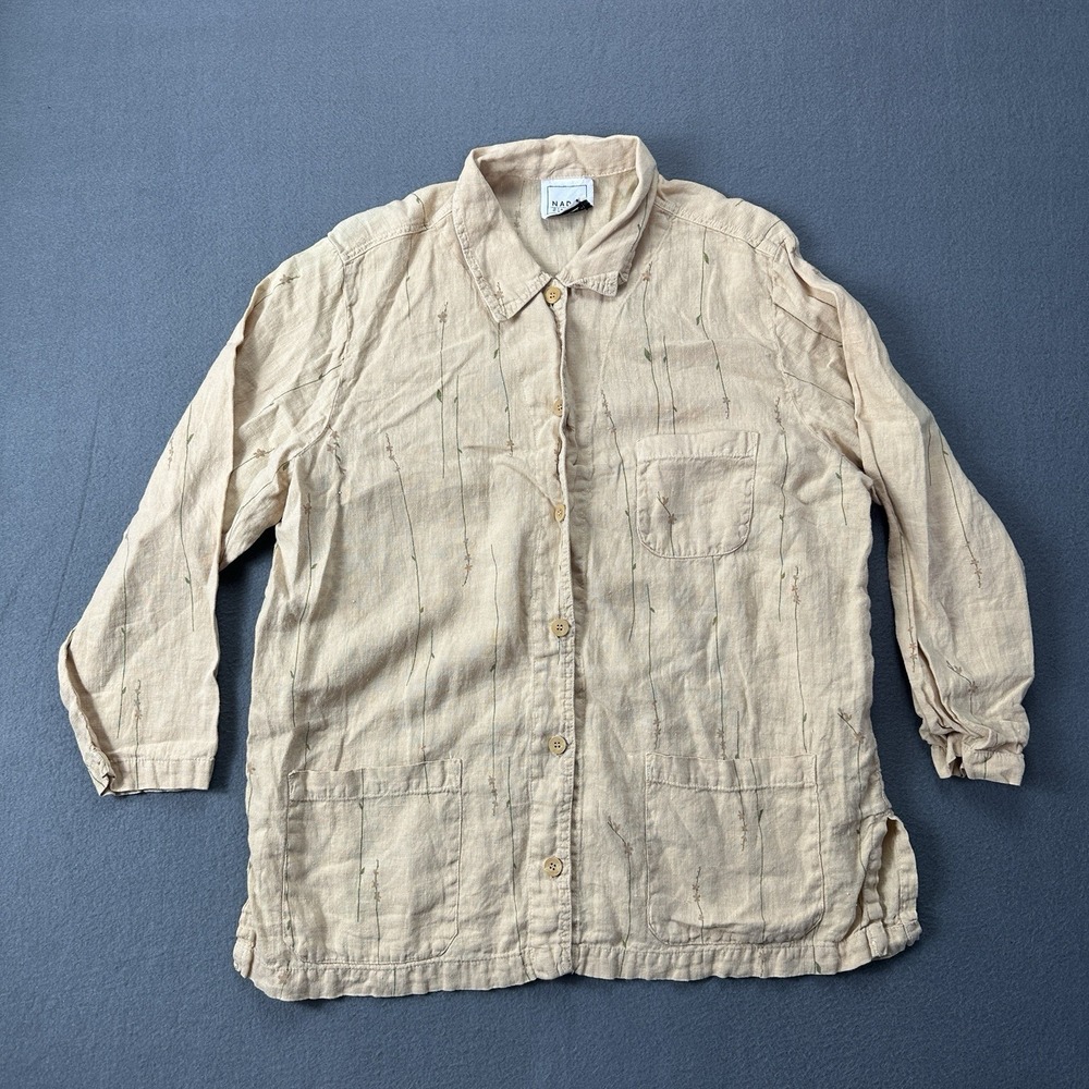 Nadia Vintage Light Tan 100% Linen Blouse Long Sleeve Loose Shirt Sz Extra Large